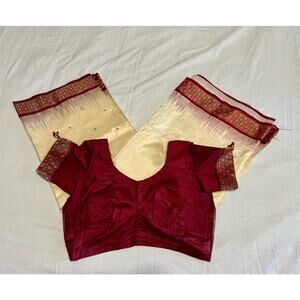 Women's Cream & Red Indian Sari / Saree Fabric W/ Blouse ~L
